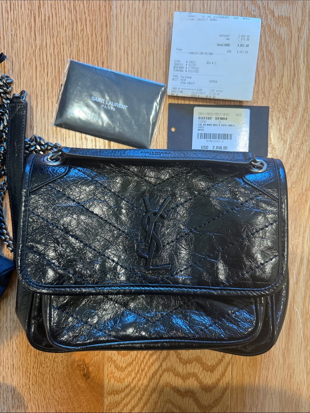 Crinkled Calfskin Matelasse Monogram Baby Niki Chain Satchel Black
